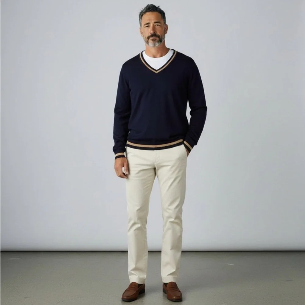 Cotton Knit Blue Tan strip V-neck Sweater  eclectic Grandpa fisherman old money